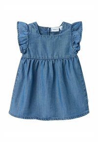 Denim suknelė su trumpomis raukšlėtomis rankovėmis, susiraukšlėtu liemeniu ir kvadratine iškirpte. Šviesiai mėlynos spalvos, su lygia tekstūra ir paprastu dizainu.