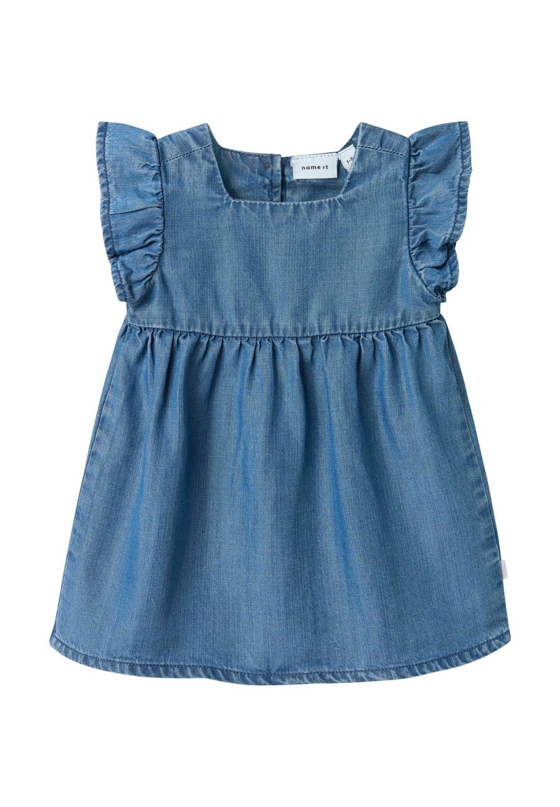 Denim suknelė su trumpomis raukšlėtomis rankovėmis, susiraukšlėtu liemeniu ir kvadratine iškirpte. Šviesiai mėlynos spalvos, su lygia tekstūra ir paprastu dizainu.