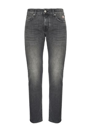 Jeans grigi slavati da uomo slim fit con design a cinque tasche e chiusura con bottone in vita.