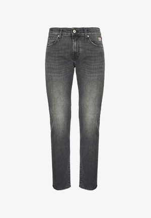 Jeans grigi slavati da uomo slim fit con design a cinque tasche e chiusura con bottone in vita.