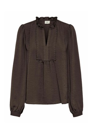 Blouse marron foncé à manches longues avec un col à volants, un galon de dentelle verticale autour d'un décolleté en V, et des détails froncés au niveau de la poitrine et des poignets.