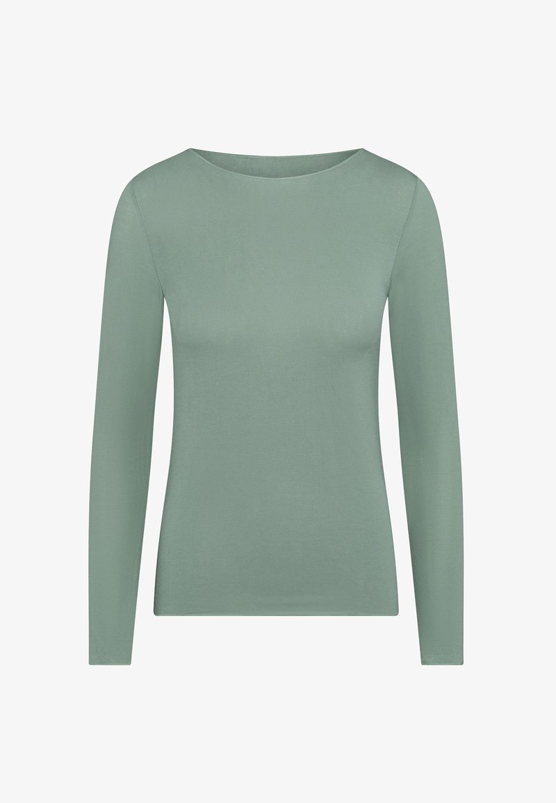 Maglietta a maniche lunghe in verde tenue, realizzata in tessuto morbido, con un ampio scollo rotondo e una silhouette slim-fit. Texture liscia, senza fantasie.