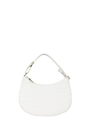 Borsa a tracolla bianca in pelle intrecciata con chiusura a cerniera e tracolla corta regolabile con ferrature dorate.