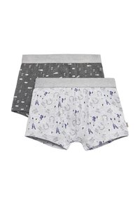 Dos pares de calzoncillos para niños: uno gris con notas musicales blancas, el otro gris claro con motivos musicales azules y relámpagos.