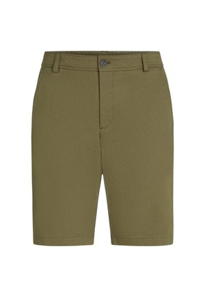 Olíva zöld, textúrált anyagból készült rövidnadrág, lapos elülső résszel, övrésszel és egy gombos záródással. Térd hosszúságú kialakítás.