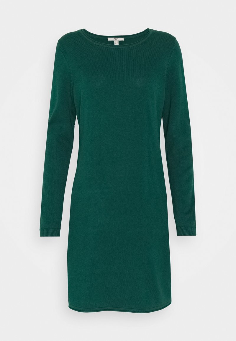 Robe pull vert foncé à manches longues, longueur genou, avec encolure ronde et poignets côtelés, étalée à plat sur fond blanc.