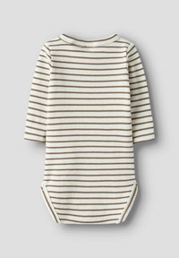 Pasiasty body z długim rękawem w kremowo-brązowych kolorach. Prążkowana faktura, okrągły dekolt oraz zapięcie na zatrzaski na dole ułatwiające ubieranie.