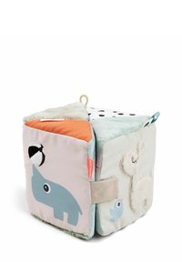 Mjukt tygsensorik kub med djurmotiv i pastellfärger: blå, rosa, orange och mint, med olika texturer och en upphängningsslinga.