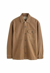 Brown, long-sleeve shirt jacket in cotton with a button front, two chest pockets, and visible stitching detailing throughout.