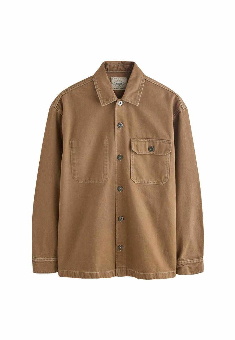Brown, long-sleeve shirt jacket in cotton with a button front, two chest pockets, and visible stitching detailing throughout.
