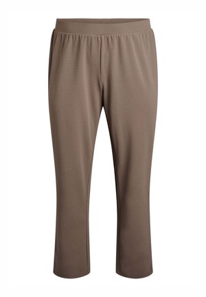 Brown athletic pants made of stretchy fabric, featuring a wide elastic waistband and cropped length, with a smooth and matte texture.