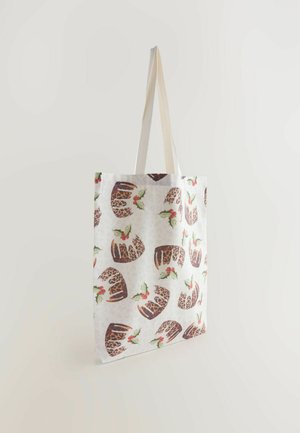 Tote bag din țesătură reutilizabilă, cu un fundal alb și un model de prăjituri decorate maro și frunze de vâsc. Mânere robuste din țesătură.