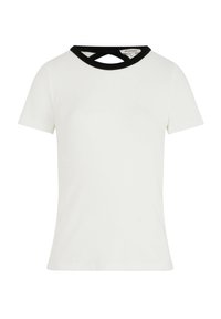 T-shirt bianco a maniche corte con colletto nero a coste e dettaglio incrociato sul retro. Texture liscia, design aderente e forma classica.