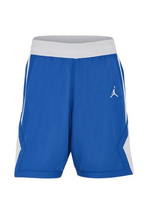Blå basketballshorts med hvid talje og sidepaneler, med lille hvid Jumpman-logo på venstre ben.