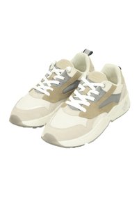 Beige and gray sneakers with a mixed material design, featuring mesh, suede, and rubber. Lace-up closure and logo detail on the side.