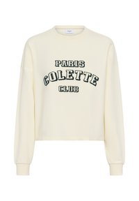 Krém színű, hosszú ujjú pulcsi sötétzöld "PARIS COLETTE CLUB" felirattal, cropped fazonban és bordázott mandzsettákkal. Puha textúrájú anyag.