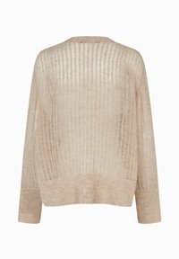Pull en maille léger beige avec une coupe ample, texture côtelée et manches longues. La vue de dos montre des rayures horizontales et verticales dans le tissu.