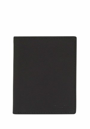 Schwarze Lederbörse mit glatter Textur, gefaltetem Design und sichtbaren Nähten entlang der Kanten. Minimalistisches Branding an der Unterseite.