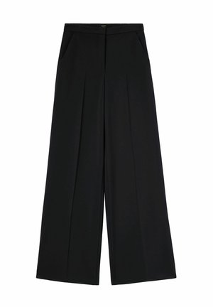 Pantaloni a gamba larga neri con vita alta, caratterizzati da due tasche frontali e pieghe nette, realizzati in tessuto liscio di un colore uniforme.