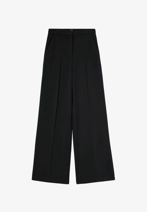 Pantaloni a gamba larga neri con vita alta, caratterizzati da due tasche frontali e pieghe nette, realizzati in tessuto liscio di un colore uniforme.