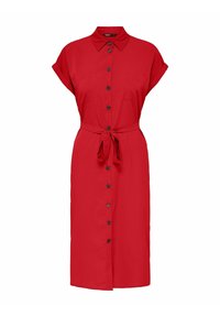 Robe chemise rouge avec col, manches courtes, fermeture à boutons sur le devant, deux poches poitrine et ceinture à nouer à la taille. Confectionnée en tissu lisse.