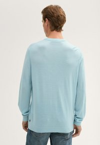 Jasnoniebieski sweter z długim rękawem, wykonany z miękkiego materiału. Posiada okrągły dekolt, ściągacze przy rękawach oraz prosty dół. Brak widocznych wzorów lub akcentów.