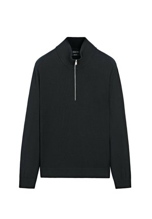 Black pullover sweater with a high collar, half-zip front, and ribbed cuffs and hem. Made from soft knit material with a smooth texture.