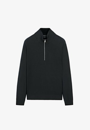 Sort pullover sweater med høj krave, halv lynlås front og ribbede manchetter og søm. Fremstillet af blødt strikmateriale med en glat tekstur.