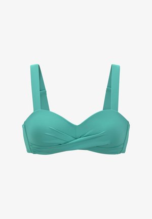 Türkiser Bikini-Top mit geformten Cups, breiten Trägern und einem gewundenen Frontdesign. Aus glattem Stoff gefertigt, mit einer eleganten, stromlinienförmigen Silhouette.