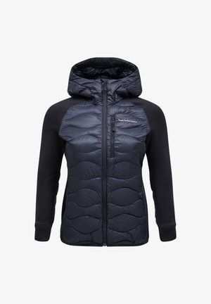 Black quilted jacket with hood, full front zipper, chest zip pocket, and stretchy fabric sleeves, labeled Peak Performance.