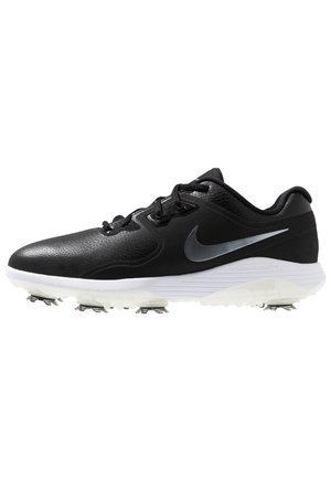 Sort Nike-golfshoe med sølvfarvet swoosh-logo, hvid Lunarlon-sål og pigge under for bedre greb.