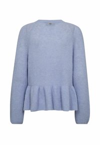 Svetlo modra pletena jopica z dolgimi rokavi, peplum spodnjim delom in majhno dekorativno gumbe na zadnjem izrezu. Mehka tekstura.
