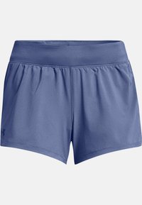 Blå sportshorts med bred midja och Under Armour-logotyp på vänster ben, designade för komfort och aktiv träning.