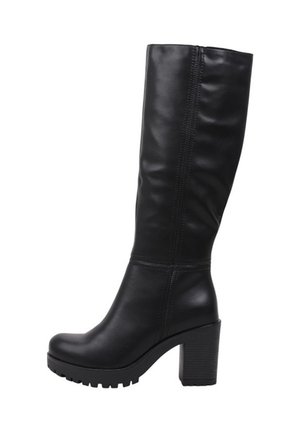 Botte en cuir noire montante jusqu'au genou avec un talon haut épais et une semelle rainurée, détail de couture latérale et bout arrondi.