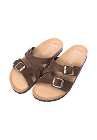 Brown suede sandals with two adjustable straps and gold buckles, featuring a cushioned beige footbed and textured rubber outsole.