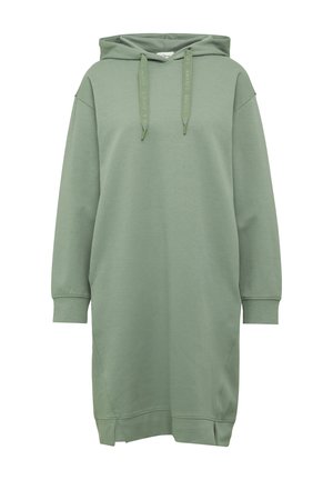Abito felpa con cappuccio in verde salvia, realizzato in morbido misto cotone. Presenta una tasca a marsupio, polsini a costine e cordino regolabile.