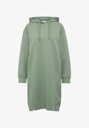 Sukienka z kapturem w kolorze szałwii, wykonana z miękkiej mieszanki bawełny. Posiada kieszeń typu kangur, ściągacze na mankietach oraz regulowany sznurek.