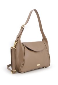 Tan leather shoulder bag with a rounded shape, front flap, and gold hardware accents. Features an adjustable strap for versatile wear.