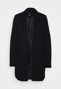 Blazer lungo nero con design strutturato, revers a punta e due tasche frontali. Fodera interna liscia e silhouette pulita e minimalista.