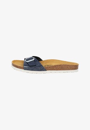 Navyblauwe slide sandaal met glinsterende textuur, verstelbare gesp, kurken voetbed en witte rubberen zool. Plat ontwerp voor gemakkelijk draagcomfort.