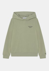 Světlá zelená mikina s kapucí z měkké látky. Má malý černý logo na hrudi a žebrované manžety a lem.