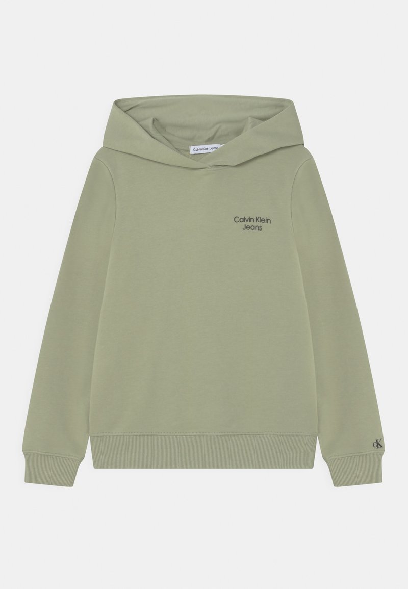 Světlá zelená mikina s kapucí z měkké látky. Má malý černý logo na hrudi a žebrované manžety a lem.