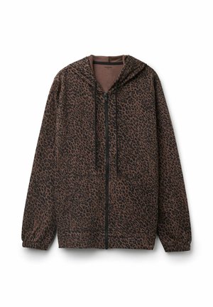 Sudadera con cremallera con estampado de leopardo marrón, confeccionada en tela suave, con capucha ajustable con cordón, bolsillo frontal y puños y dobladillo elásticos.