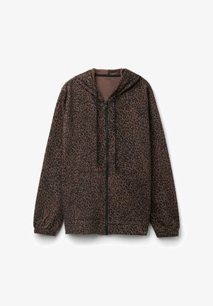 Sudadera con cremallera con estampado de leopardo marrón, confeccionada en tela suave, con capucha ajustable con cordón, bolsillo frontal y puños y dobladillo elásticos.