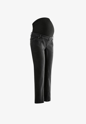 Zwarte zwangerschapsjeans met een hoge elastische tailleband, vijf zakken en een rechte pijp, gemaakt van een denim stof met lichte stretch.