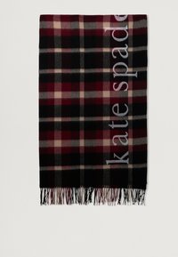 Pleds bordā ar burgundijas, melnas un pelēkas krāsas toņiem, ar frēzētiem malām un tekstu "kate spade" baltā krāsā gar vienu malu.