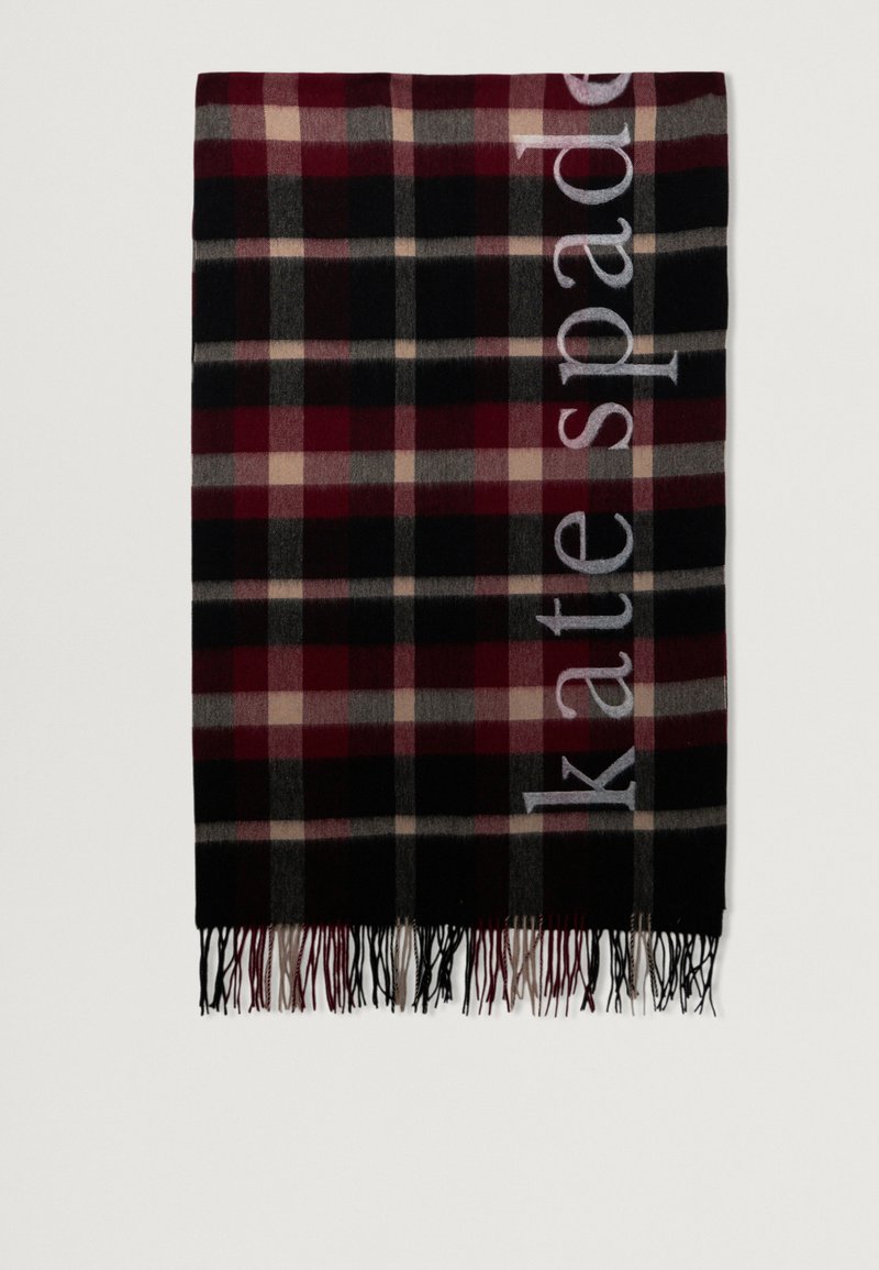 Pleds bordā ar burgundijas, melnas un pelēkas krāsas toņiem, ar frēzētiem malām un tekstu "kate spade" baltā krāsā gar vienu malu.