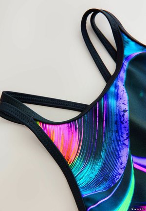Swimsuit with multicolored abstract design, featuring shades of blue, purple, and pink. Smooth fabric with black trim and adjustable straps.