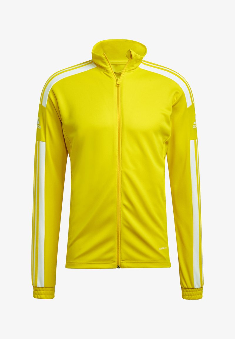 Yellow athletic jacket made of smooth fabric, featuring a zip front, high collar, and white stripe accents along the shoulders and sleeves.