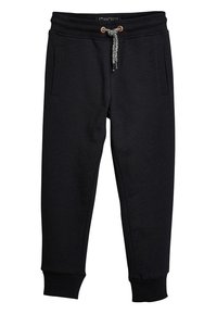 Schwarze Jogginghosen aus weichem Stoff, mit einem Kordelzugbund und einem strukturierten Kordel, gerippten Bündchen und zwei Fronttaschen.